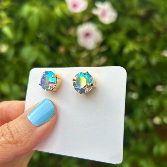 Iridescent Blue + Gold Crystal Earrings - Picture 10 of 16